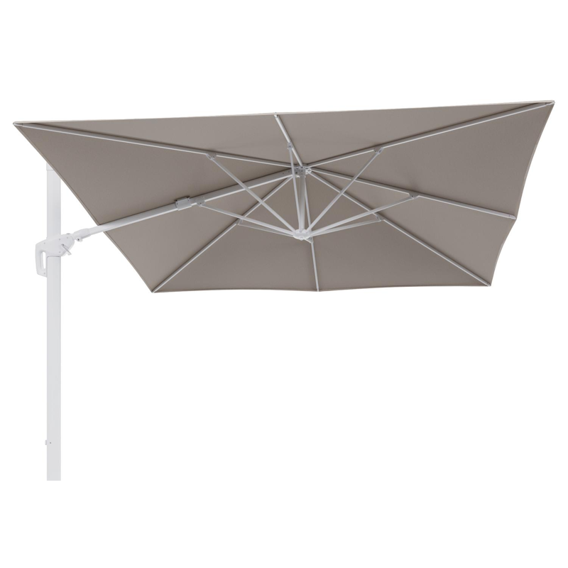 Minore zweefparasol tiltfunctie in wit aluminium en parasoldoek in All Weather Sunbrella® Luxe Heritage Ash  - L1 350 x L2: 350 cm (zonder voet)