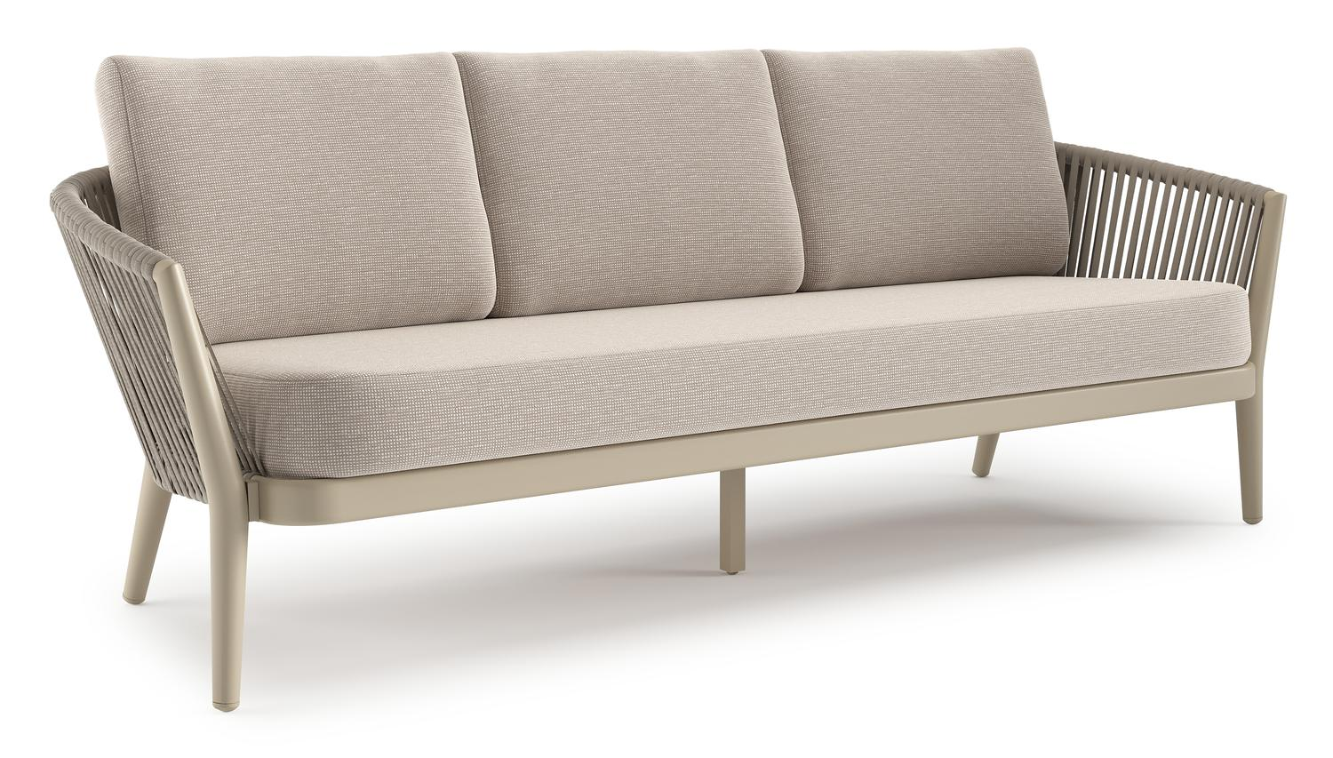 Canapé de jardin Orso en aluminium beige en corde ronde tissée verticalement beige et coussins en all weather sunbrella® luxe Slow Farafra