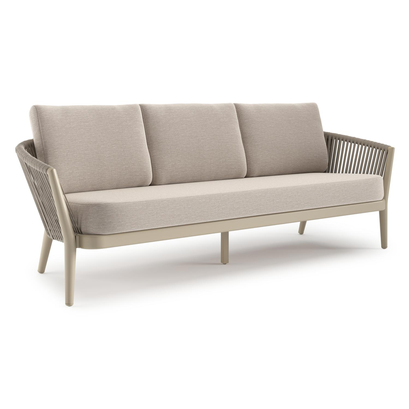 Canapé de jardin Orso en aluminium beige en corde ronde tissée verticalement beige et coussins en all weather sunbrella® luxe Slow Farafra