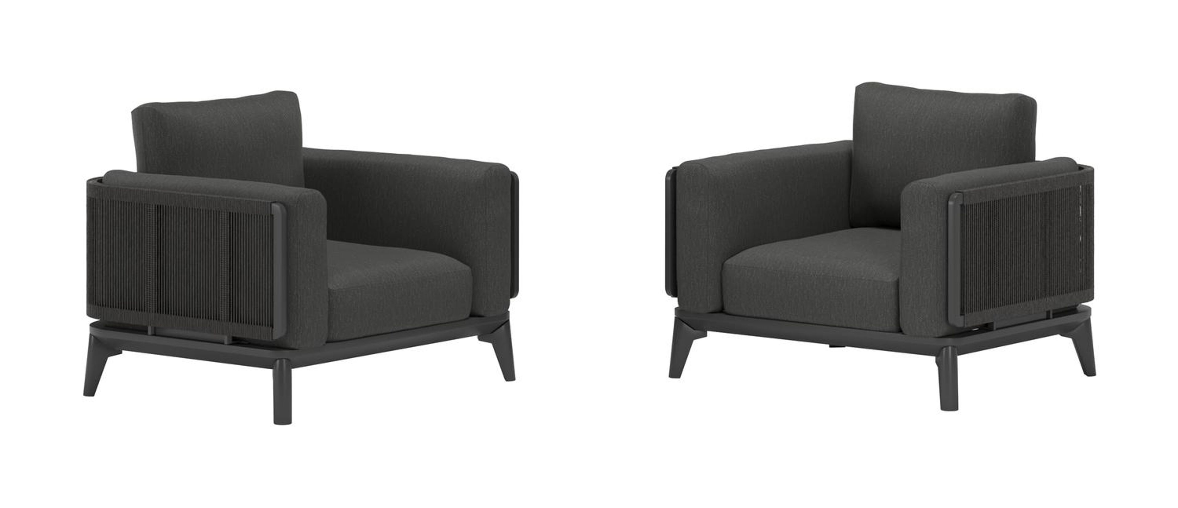 Set van 2 Mosa loungestoelen 2 x 1-zit in zwart aluminium en zwart gedraaide ronde wicker met sky black weather+ softtouch kussen
