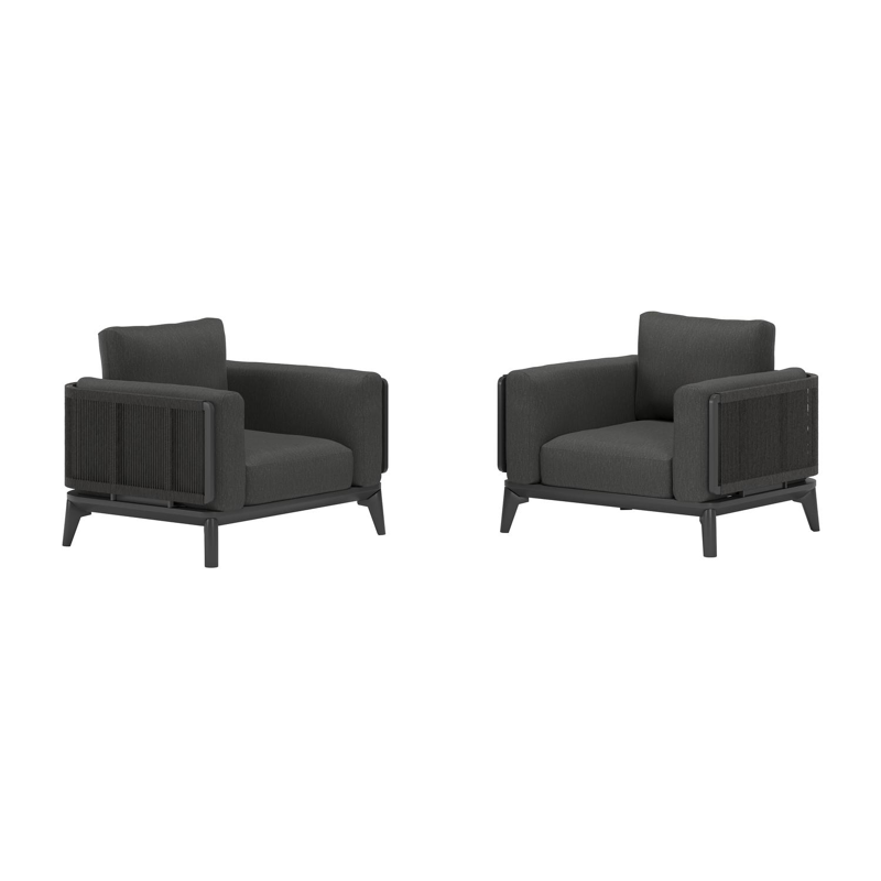 Set van 2 Mosa loungestoelen 2 x 1-zit in zwart aluminium en zwart gedraaide ronde wicker met sky black weather+ softtouch kussen