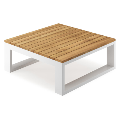 Table d'angle Verato en aluminium blanc et teck naturel - Lg 88 x larg. 88 x H 31,5 cm