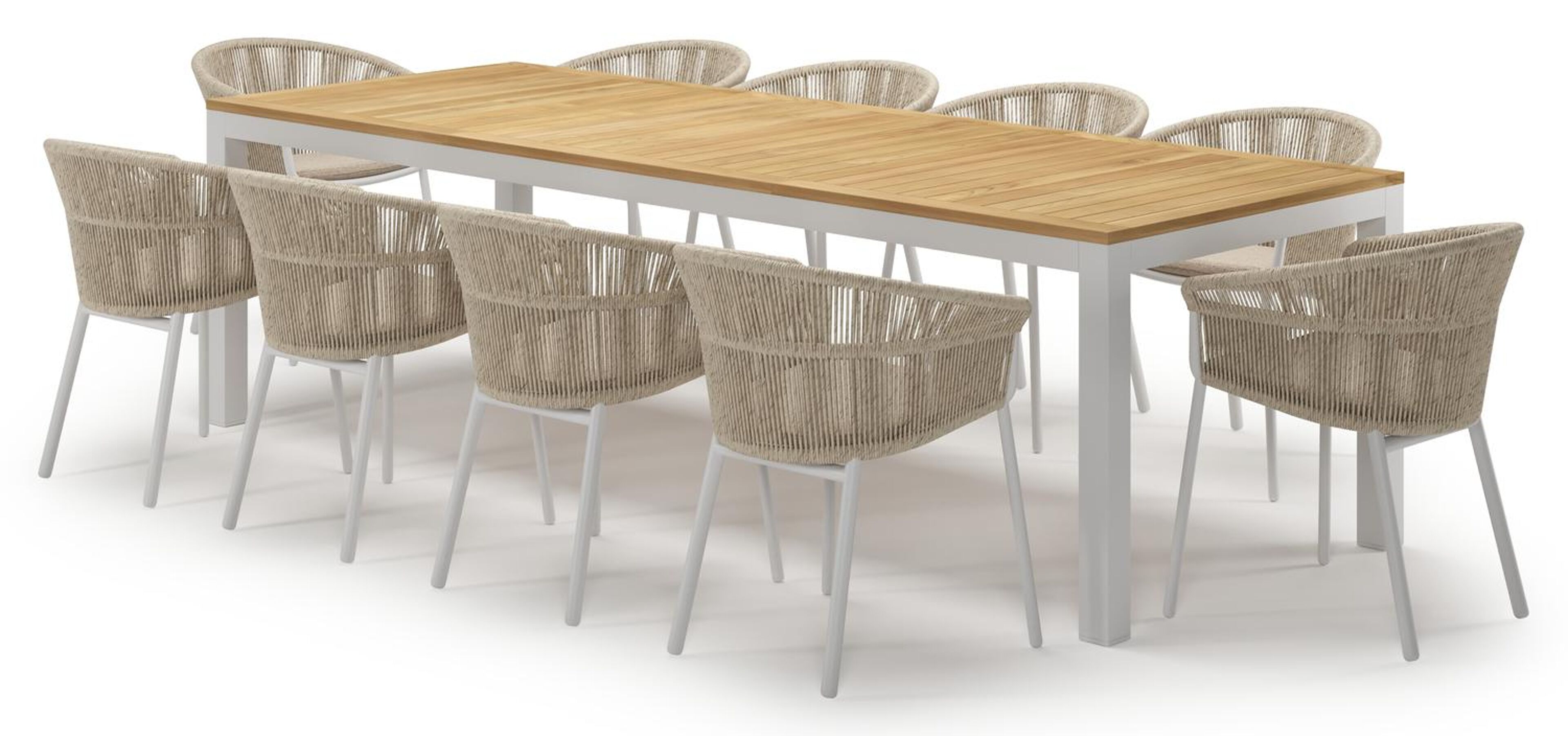 Varese tuinset in wit aluminium en teak met 10 Matera tuinstoelen