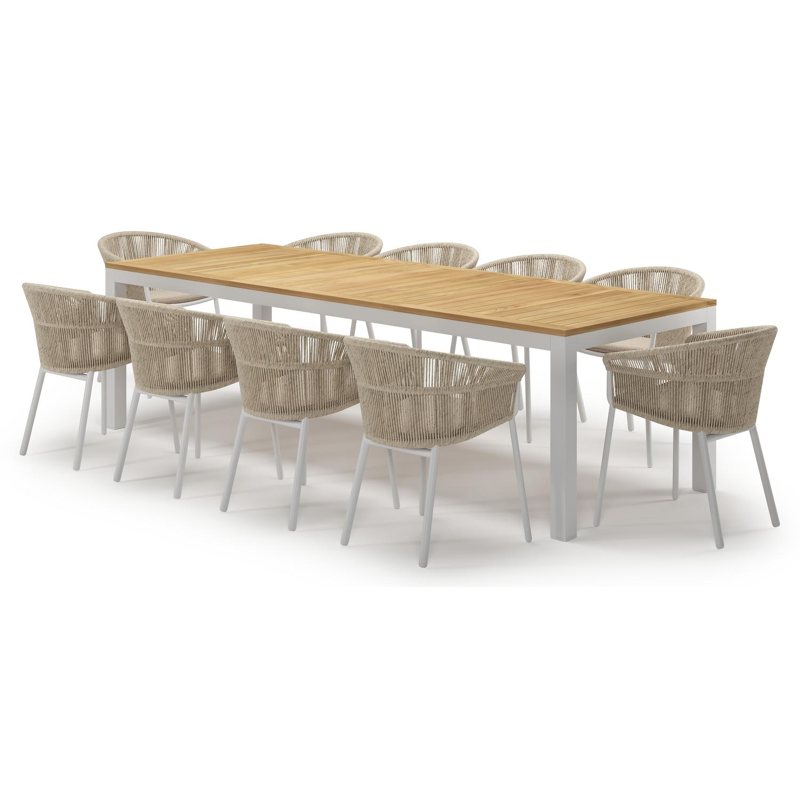 Varese tuinset in wit aluminium en teak met 10 Matera tuinstoelen