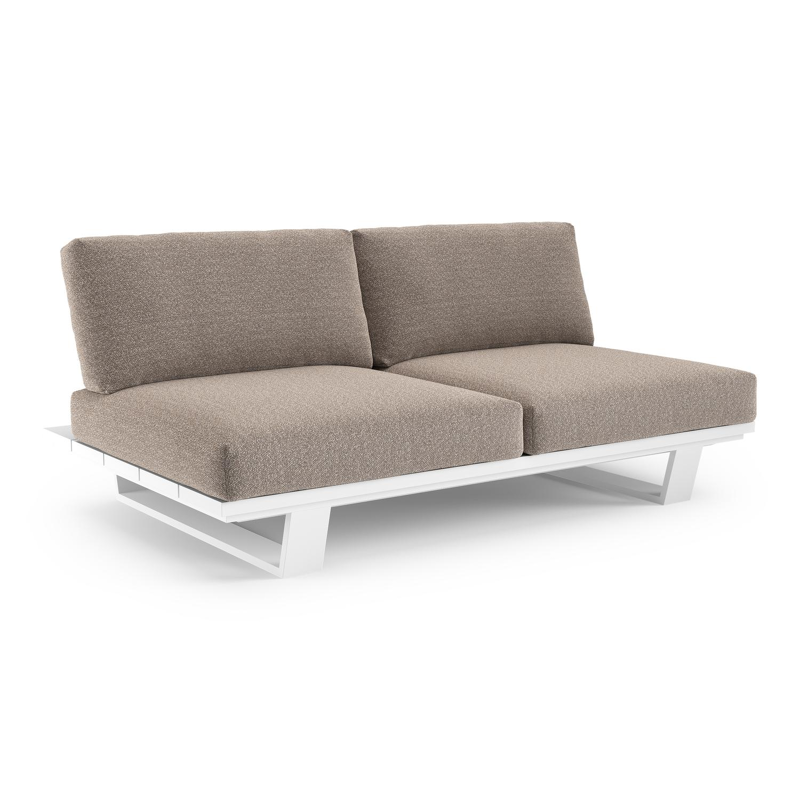 Canapé de jardin Pagino en aluminium blanc et coussins en all weather sunbrella® luxe wander manioc