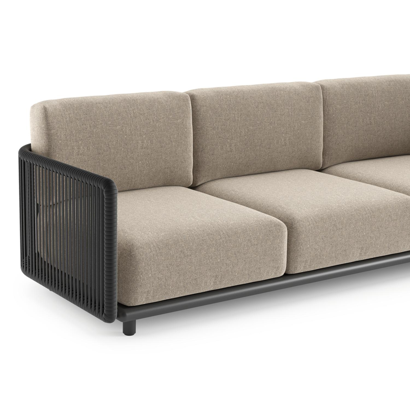 Canapé de jardin Organo en aluminium noir et corde luxe plate tissée verticalement noir et coussin en all weather Sunbrella® luxe chartres pewter