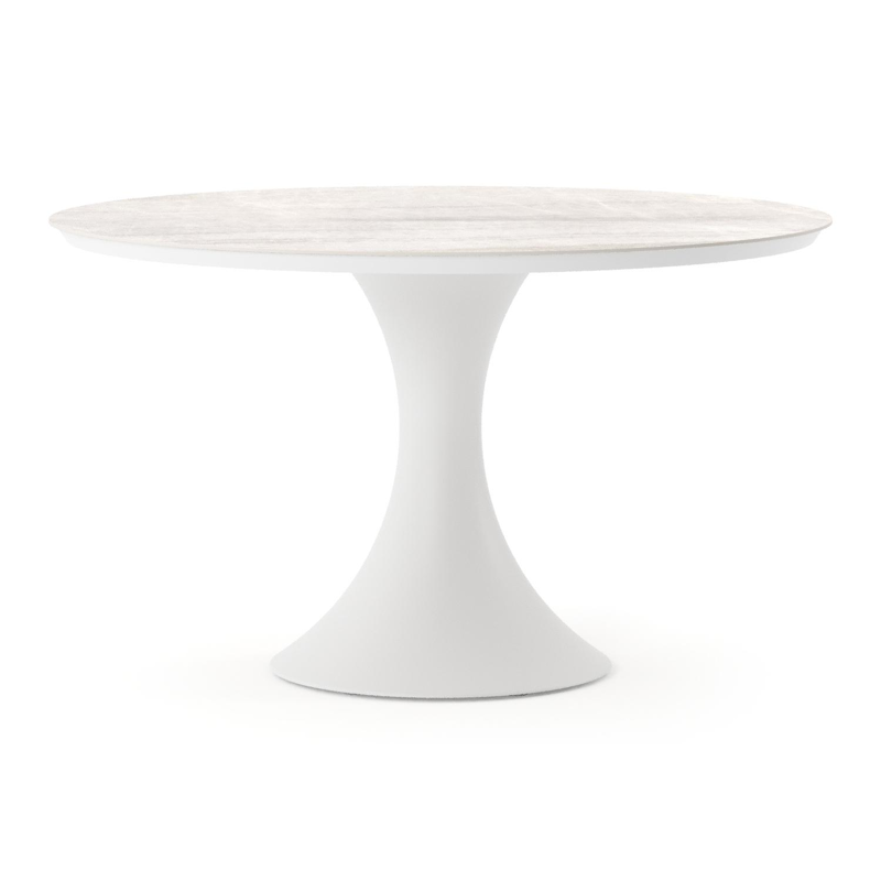 Table de jardin Fano ronde en aluminium blanc et céramique pleine Taj Mahal - Diam. 130 x Haut. 74 cm