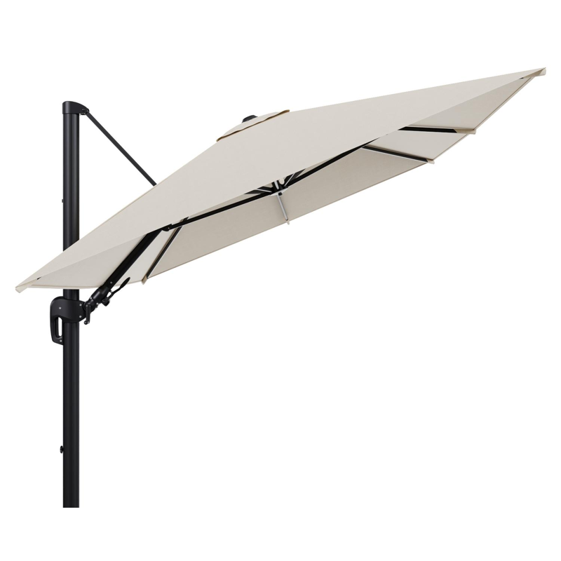 Rufina zweefparasol met tiltfunctie in zwart aluminium met beige all weather sunbrella® premium parasoldoek - L1 350 x L2 250 cm (zonder voet)