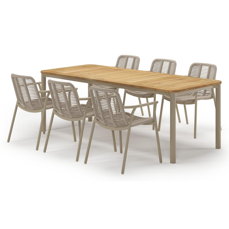 Ensemble de jardin Mira en aluminium beige et sintered stone natural finish avec 6 chaises de jardin empilable Berga