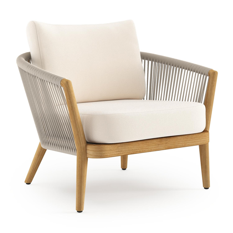 Orso loungestoel in teak en beige verticaal geweven ronde rope met Lopi Snow all weather sunbrella® luxe kussen