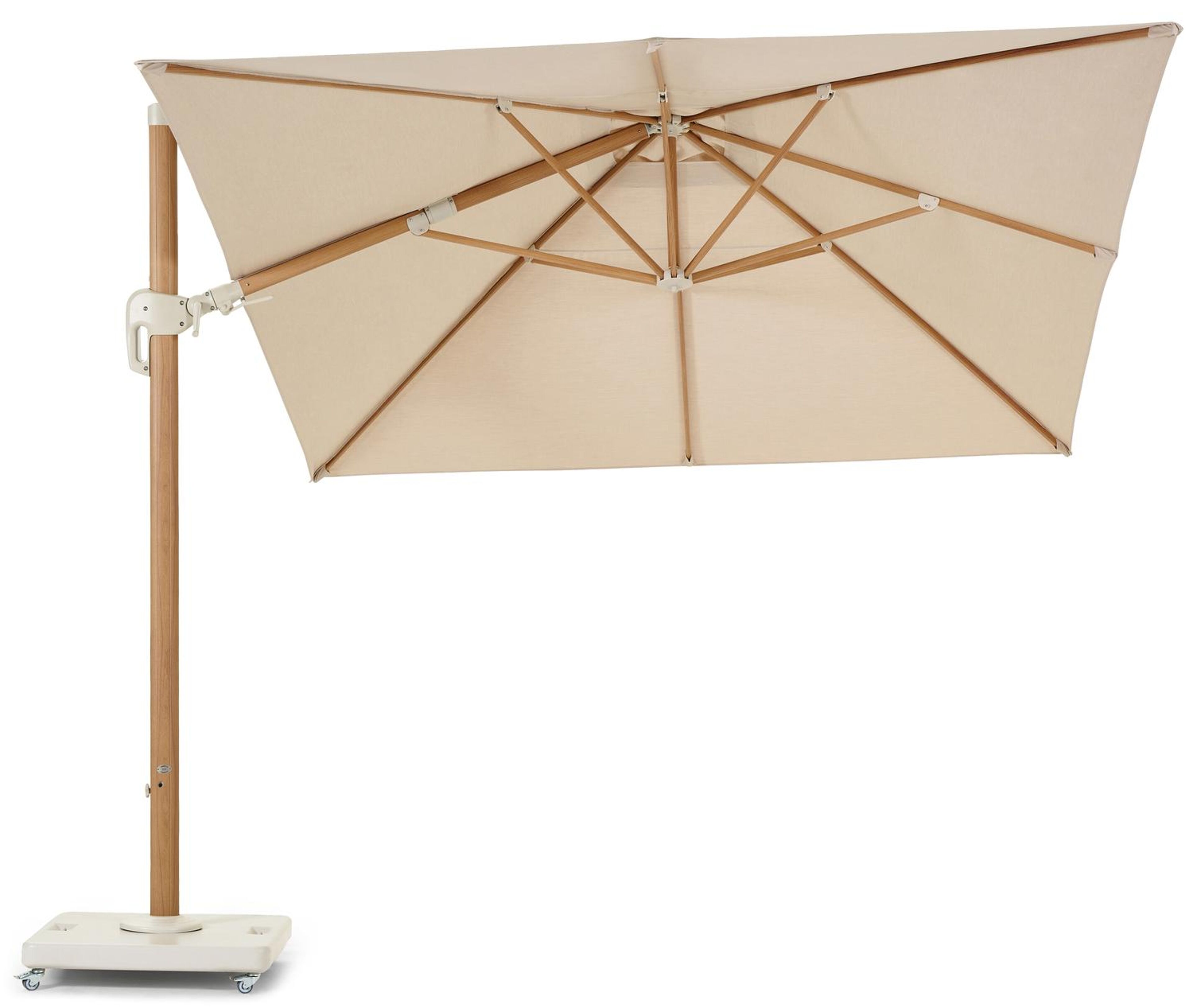 Rufina zweefparasol met tiltfunctie in zwart aluminium met zwart sunbrella® premium parasoldoek - L1 300 x L2 300 cm (met voet)