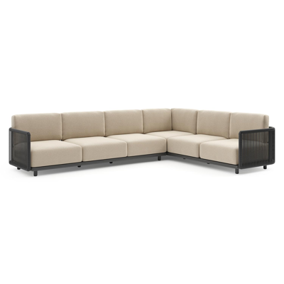 Organo loungehoek in zwart aluminium en zwart verticaal geweven luxe vlakke rope met althea chalk all weather Cosytica kussen