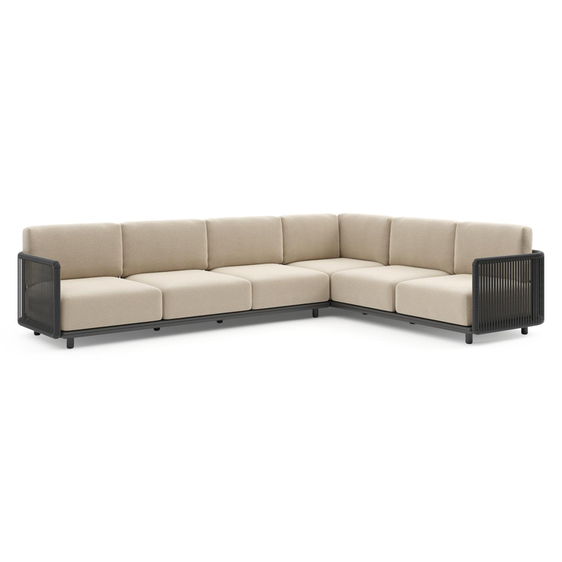 Organo loungehoek in zwart aluminium en zwart verticaal geweven luxe vlakke rope met althea chalk all weather Cosytica kussen