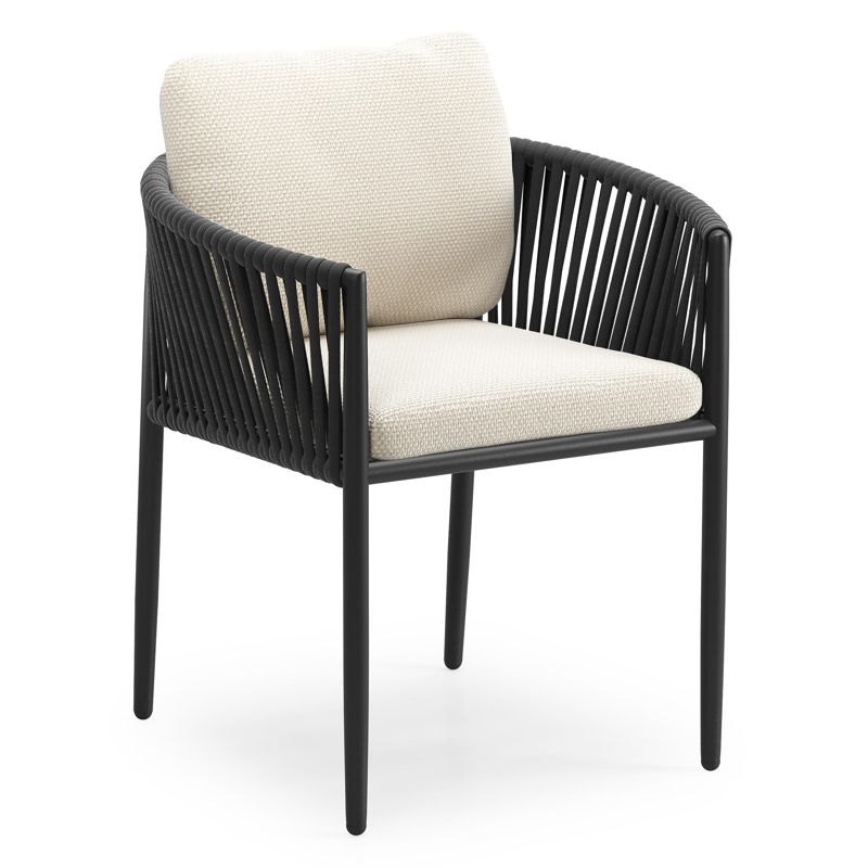 Organo tuinstoel in zwart aluminium en zwart verticaal geweven luxe vlakke rope met zitkussen in All Weather Cosytica Althea Off White