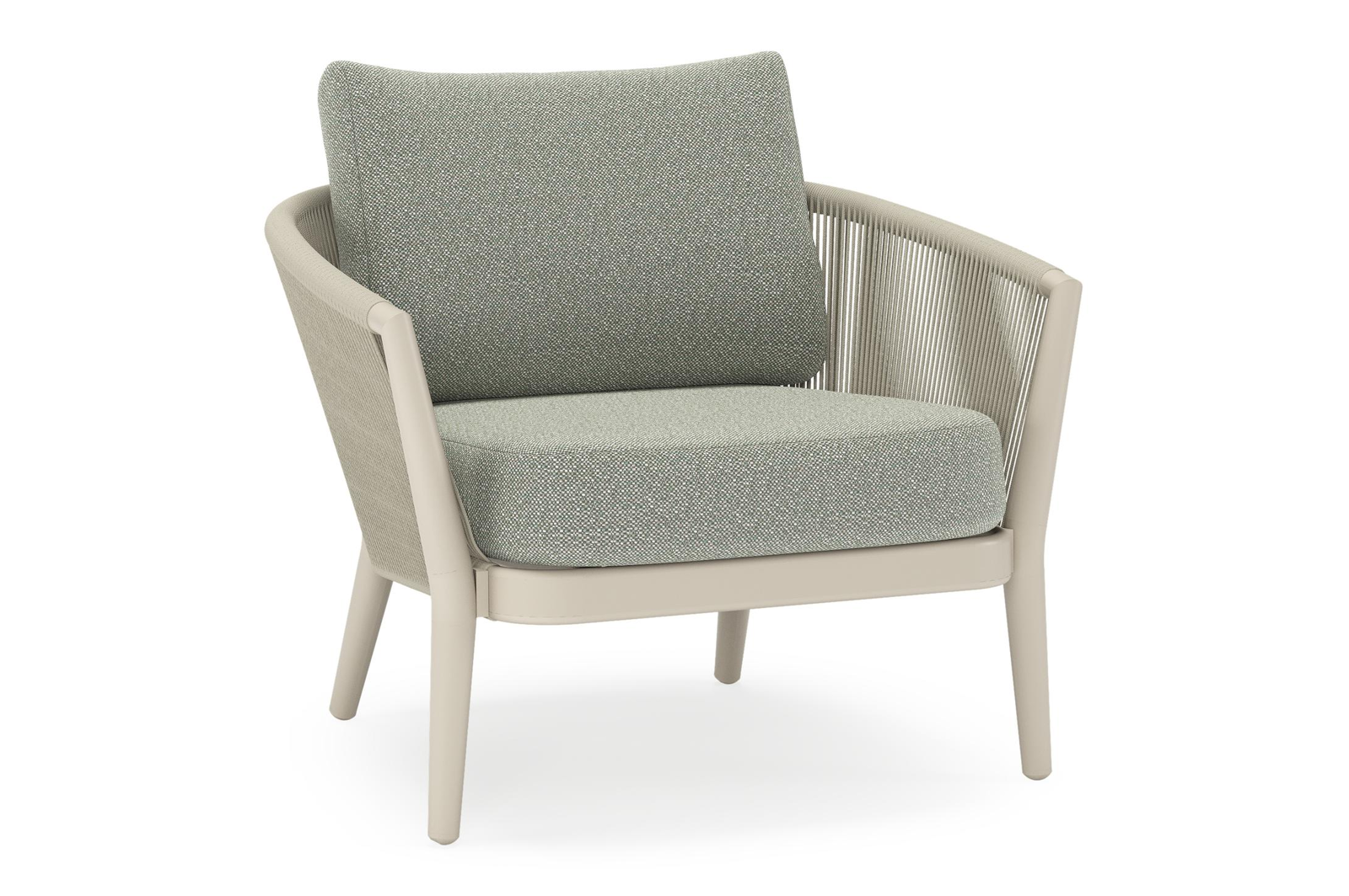 Orso loungestoel in beige aluminium en beige verticaal geweven ronde rope met Savane Leaf all weather sunbrella® luxe kussen