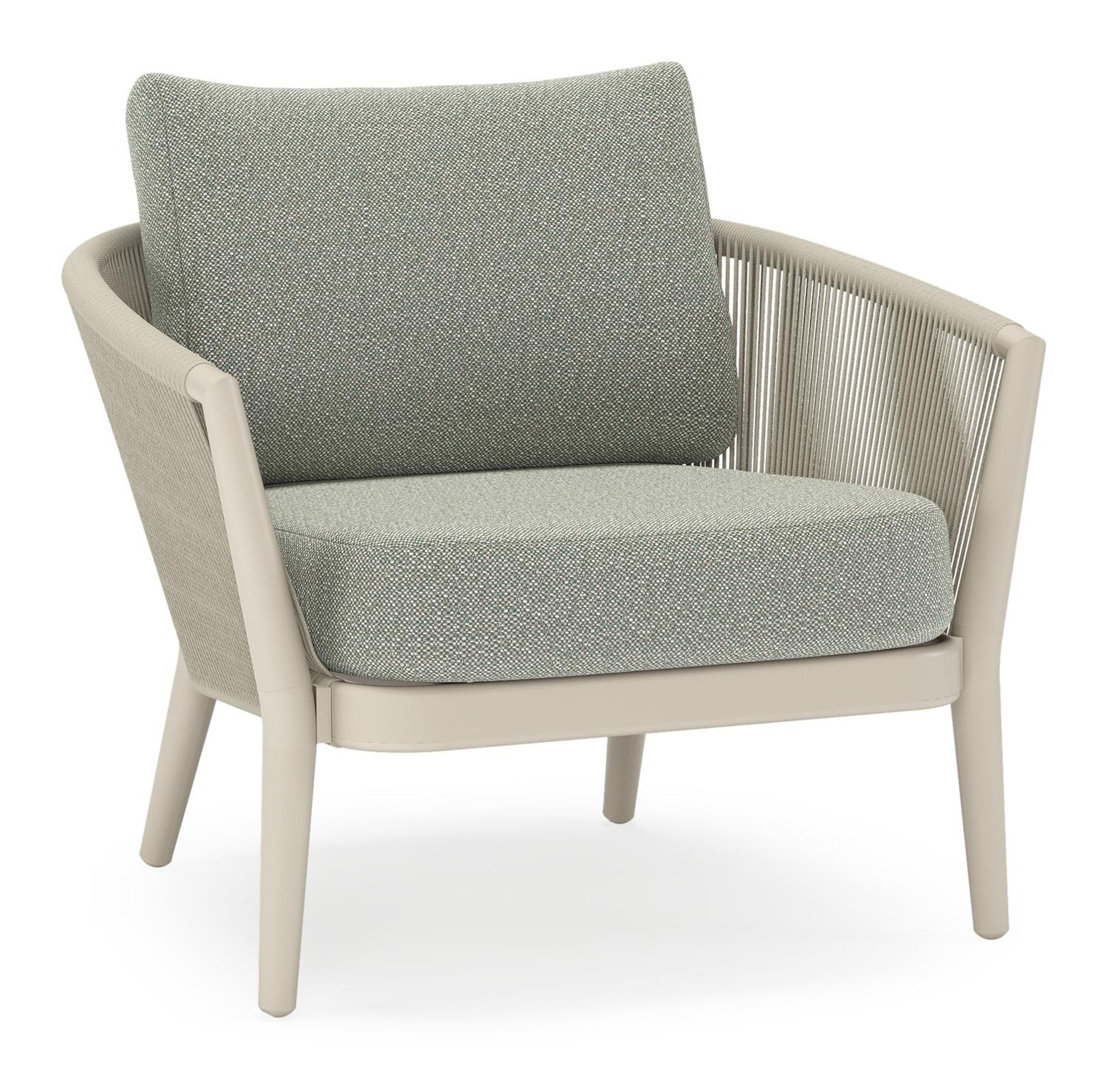 Orso loungestoel in beige aluminium en beige verticaal geweven ronde rope met Savane Leaf all weather sunbrella® luxe kussen