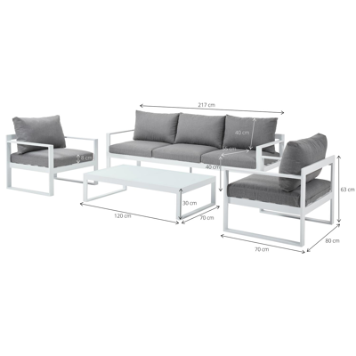 Caldela loungeset in wit aluminium met grijs polyester kussens en loungetafel