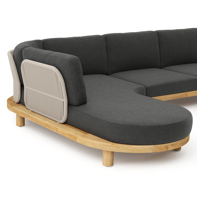 Salon de jardin d'angle Donato en teck et corde ronde tissée verticalement beige et coussins en all weather sunbrella® luxe Chartres Sooty