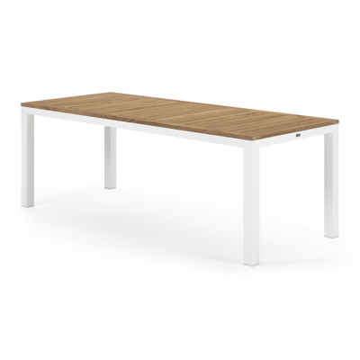 Varese tuinset in wit aluminium en naturel teak tafelblad met 6 stapelbare Bareto tuinstoelen