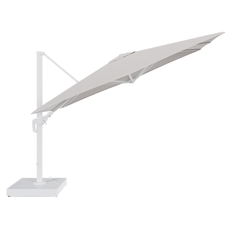 Minore zweefparasol met tiltfunctie in wit aluminium en Tundra Sand All Weather Sunbrella® Luxe parasoldoek - L1 280 x L2: 370 cm met parasolvoet Minore 260 kg met wielen