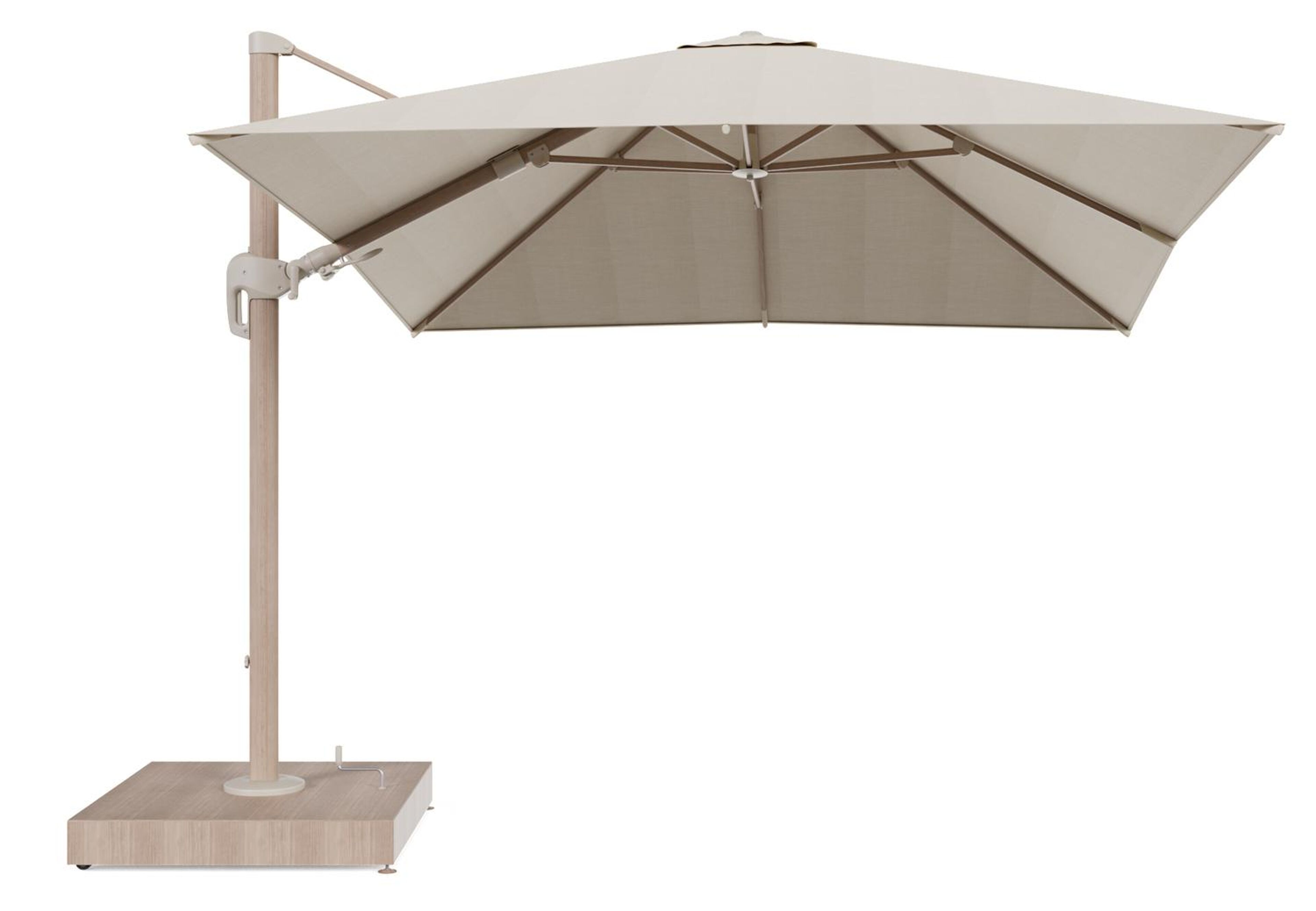 Rufina zweefparasol met tiltfunctie in houtlook aluminium en beige All Weather Sunbrella® Premium parasoldoek - L1 300 x L2 300 cm met parasolvoet Minore 260 kg met wielen