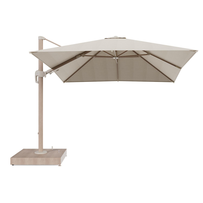 Rufina zweefparasol met tiltfunctie in houtlook aluminium en beige All Weather Sunbrella® Premium parasoldoek - L1 300 x L2 300 cm met parasolvoet Minore 260 kg met wielen