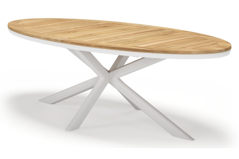 Pamplona ovale tuinset in wit aluminium en teak natural finish met 6 Matera tuinstoelen