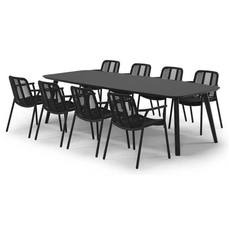 Ensemble de jardin Mosa en aluminium noir et sintered stone notte minerale avec 8 chaises de jardin empilable Berga