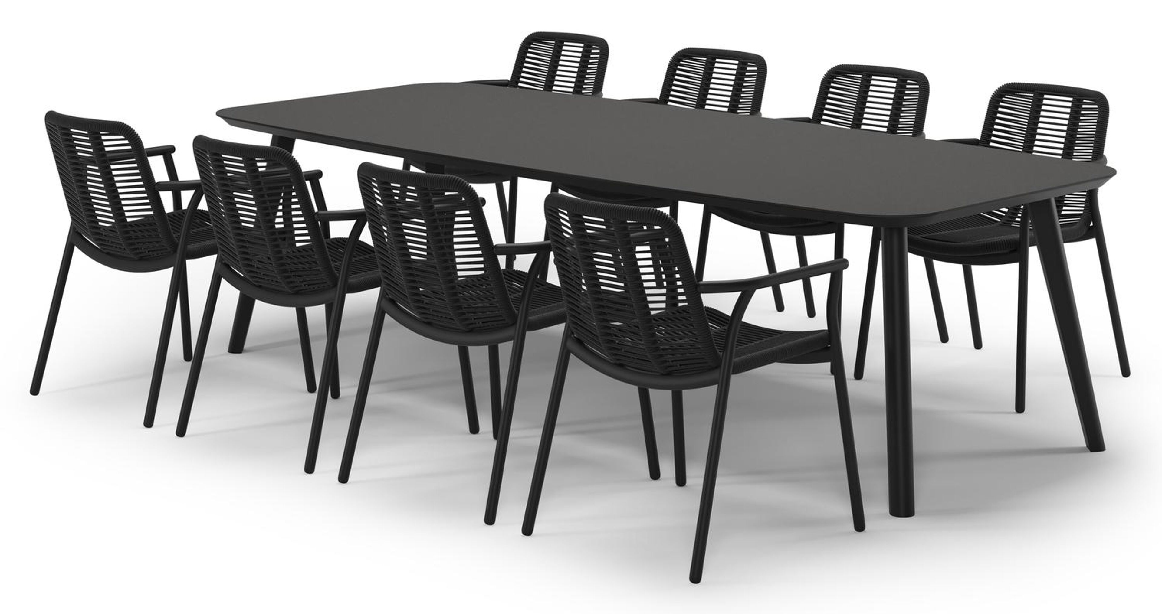 Ensemble de jardin Mosa en aluminium noir et sintered stone notte minerale avec 8 chaises de jardin empilable Berga