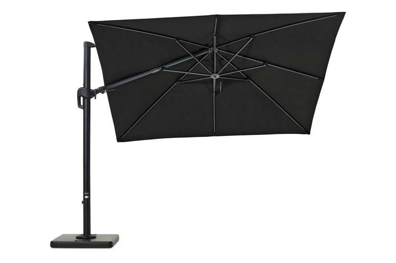 Rufina zweefparasol met tiltfunctie in zwart aluminium met zwart all weather sunbrella® premium parasoldoek - L1: 300 x L2: 300 cm (met voet)