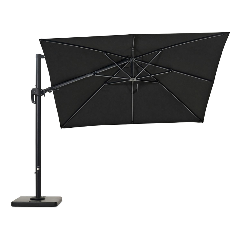 Rufina zweefparasol met tiltfunctie in zwart aluminium met zwart all weather sunbrella® premium parasoldoek - L1: 300 x L2: 300 cm (met voet)