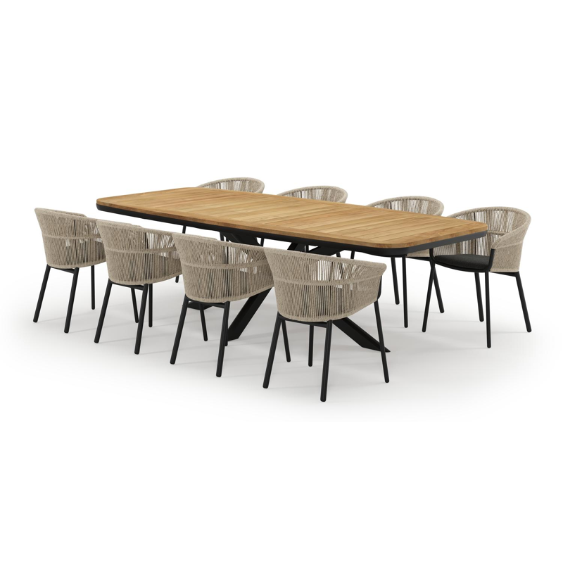 Pamplona bootvormige tuinset in zwart aluminium en teak natural finish met 8 Matera tuinstoelen