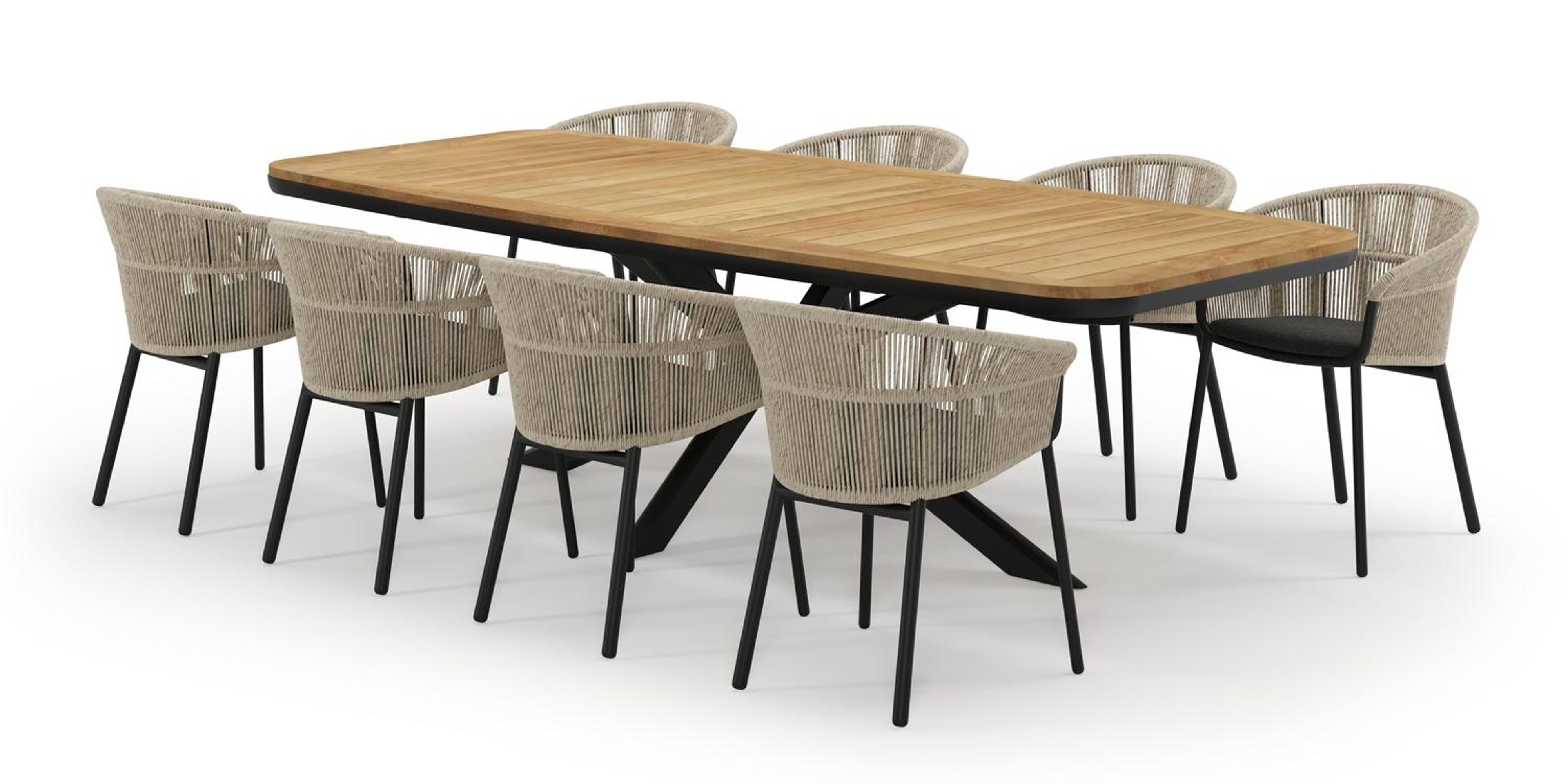 Pamplona bootvormige tuinset in zwart aluminium en teak natural finish met 8 Matera tuinstoelen