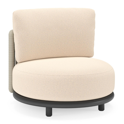 Fauteuil de jardin Lomano en aluminium noir et corde luxe plate tissée verticalement beige et coussins en all weather sunbrella® luxe Heritage Papyrus