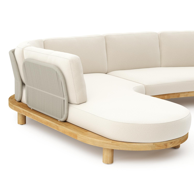 Donato loungehoek in teak en beige verticaal geweven ronde rope met all weather cosytica Althea Off White kussen