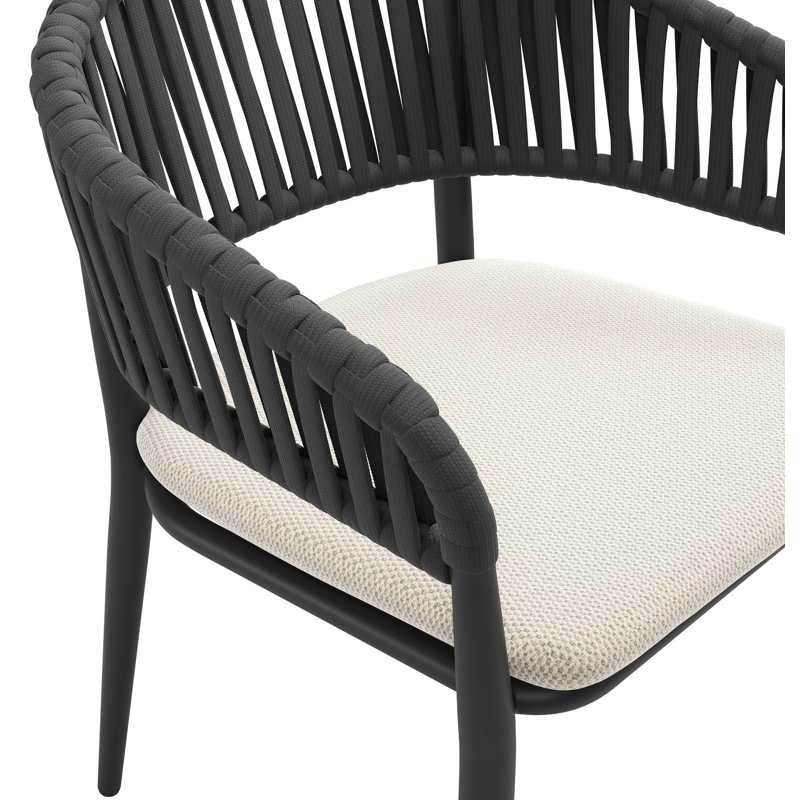Tolfa stapelbare tuinstoel in zwart aluminium en zwart verticaal geweven luxe vlakke brede rope met stoelkussen in All Weather Sunbrella® Luxe Lopi Marble