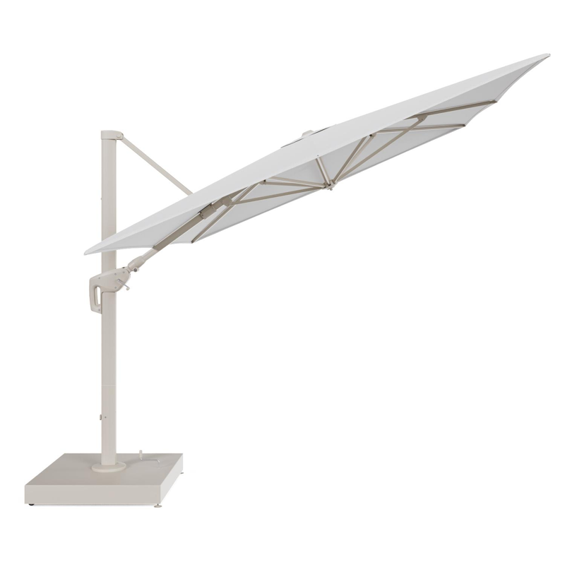 Minore zweefparasol met tiltfunctie in beige aluminium en Ego Birch All Weather Solica parasoldoek - L1 400 x L2 300 cm met parasolvoet Minore 260 kg met wielen