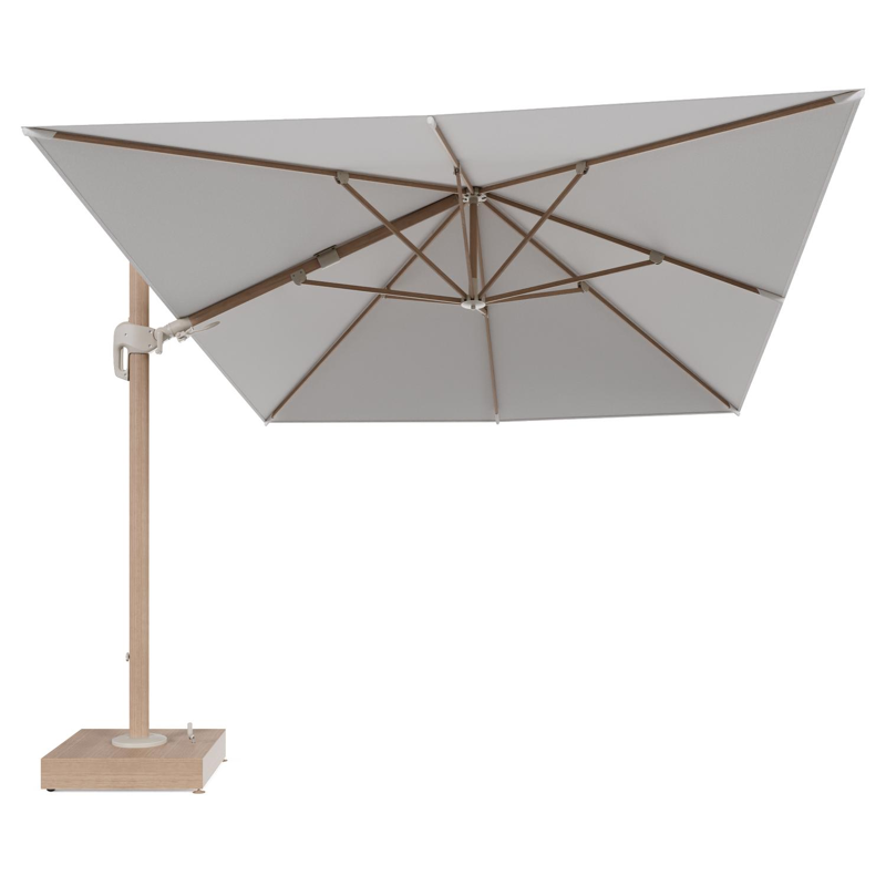 Rufina zweefparasol met tiltfunctie in houtlook aluminium en Soul Optik All Weather Solica parasoldoek - L1 400 x L2 300 cm met parasolvoet Minore 150 kg met wielen