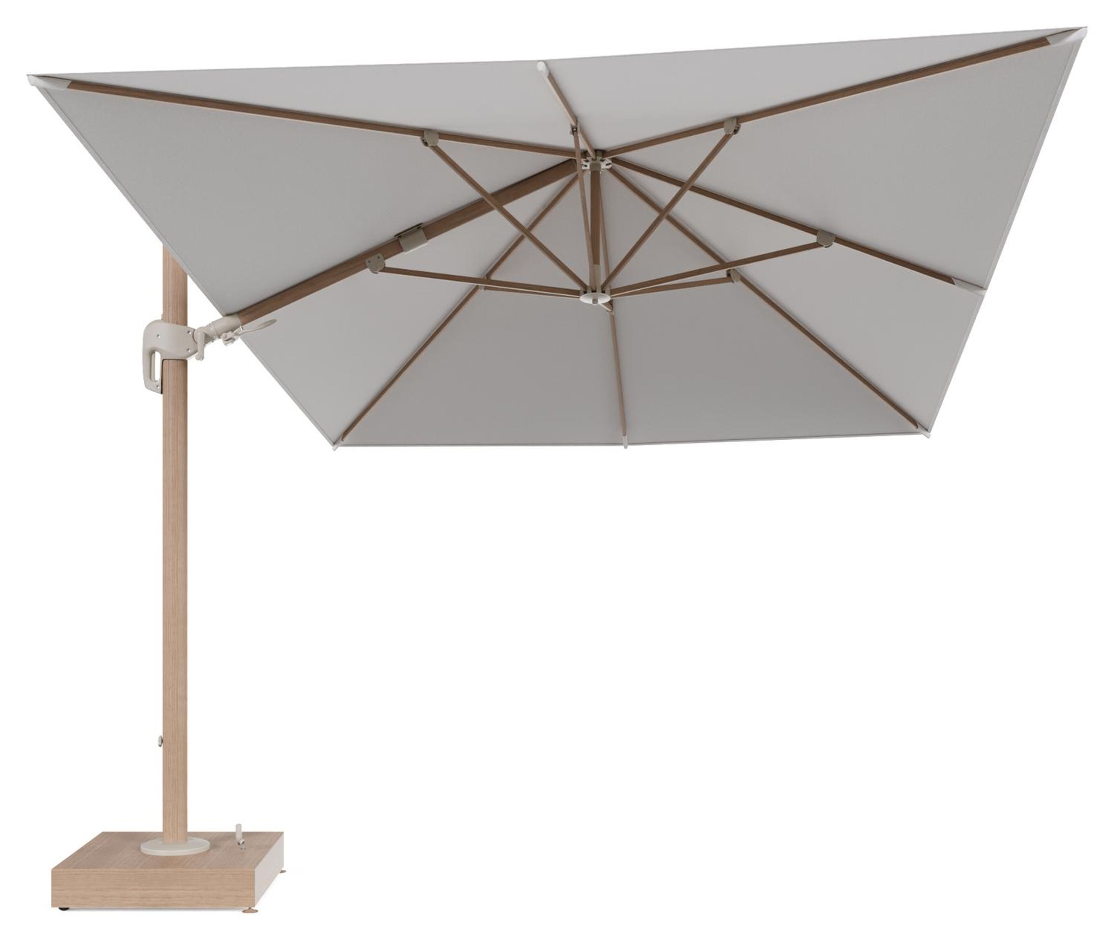 Rufina zweefparasol met tiltfunctie in houtlook aluminium en Soul Optik All Weather Solica parasoldoek - L1 400 x L2 300 cm met parasolvoet Minore 150 kg met wielen