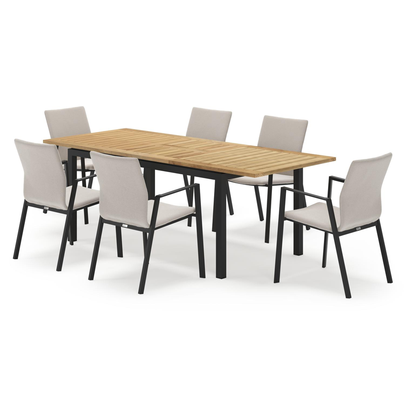 Amalfi rechthoekige uitschuifbare tuinset in zwart aluminium en teak naturel met 6 Madura tuinstoelen