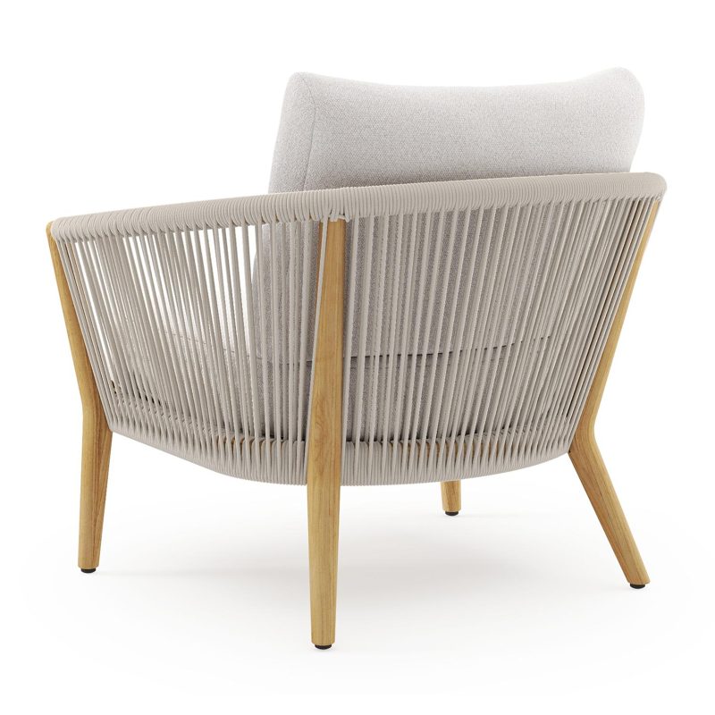 Orso loungestoel in teak en beige verticaal geweven ronde rope met Ego Eggshell all weather solica kussen