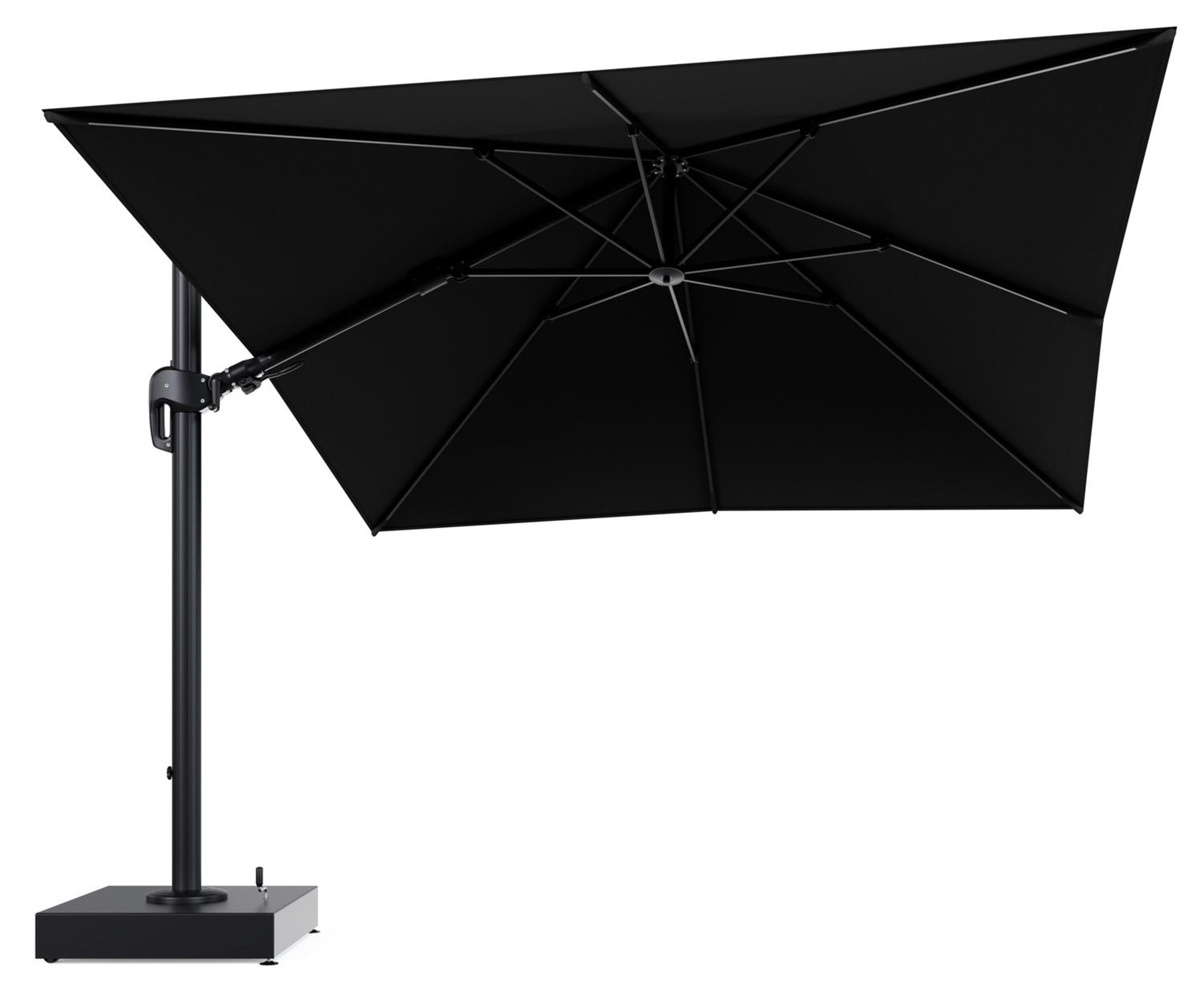 Rufina zweefparasol met tiltfunctie in zwart aluminium en Natte Sooty All Weather Sunbrella® Luxe parasoldoek - L1 300 x L2 300 cm met parasolvoet Minore 150 kg met wielen