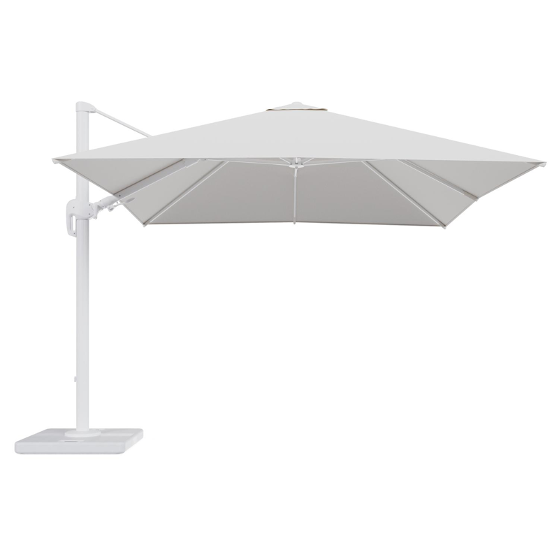 Rufina zweefparasol tiltfunctie in wit aluminium en parasoldoek in All Weather Solica Soul Optik - L1 300 x L2 300 cm met parasolvoet Lapido 120 kg
