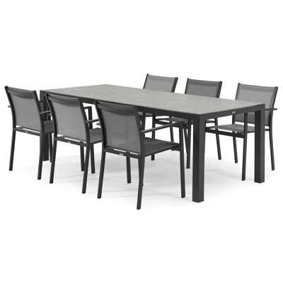 Ensemble de jardin Varese en aluminium noir avec plateau de table en céramique verre gris et 6 chaises de jardin empilables Bareto