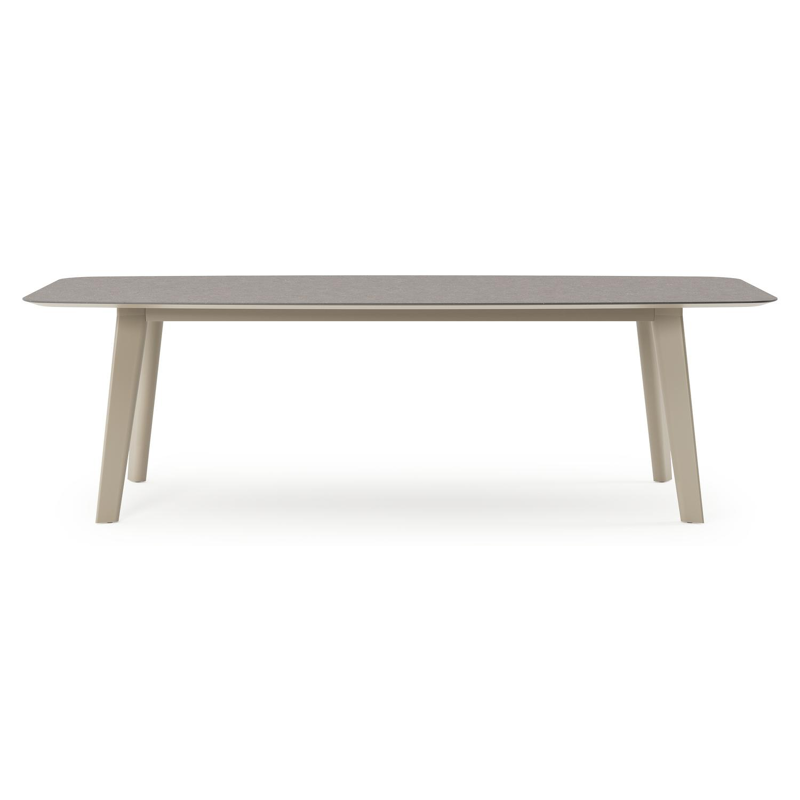 Table de jardin Lacrima forme de bateau en aluminium beige et céramique pleine Wulong - Lg. 255 x Lrg. 115 x Haut. 74 cm