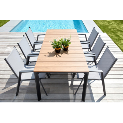 Chaise de jardin empilable Oviedo in aluminium noir et textilène gris