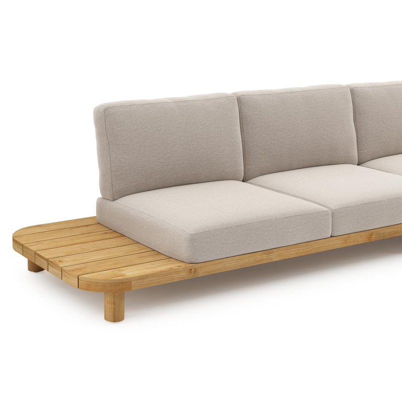 Donato loungehoek in teak en beige verticaal geweven ronde rope met all weather sunbrella® luxe Slow Farafra kussen