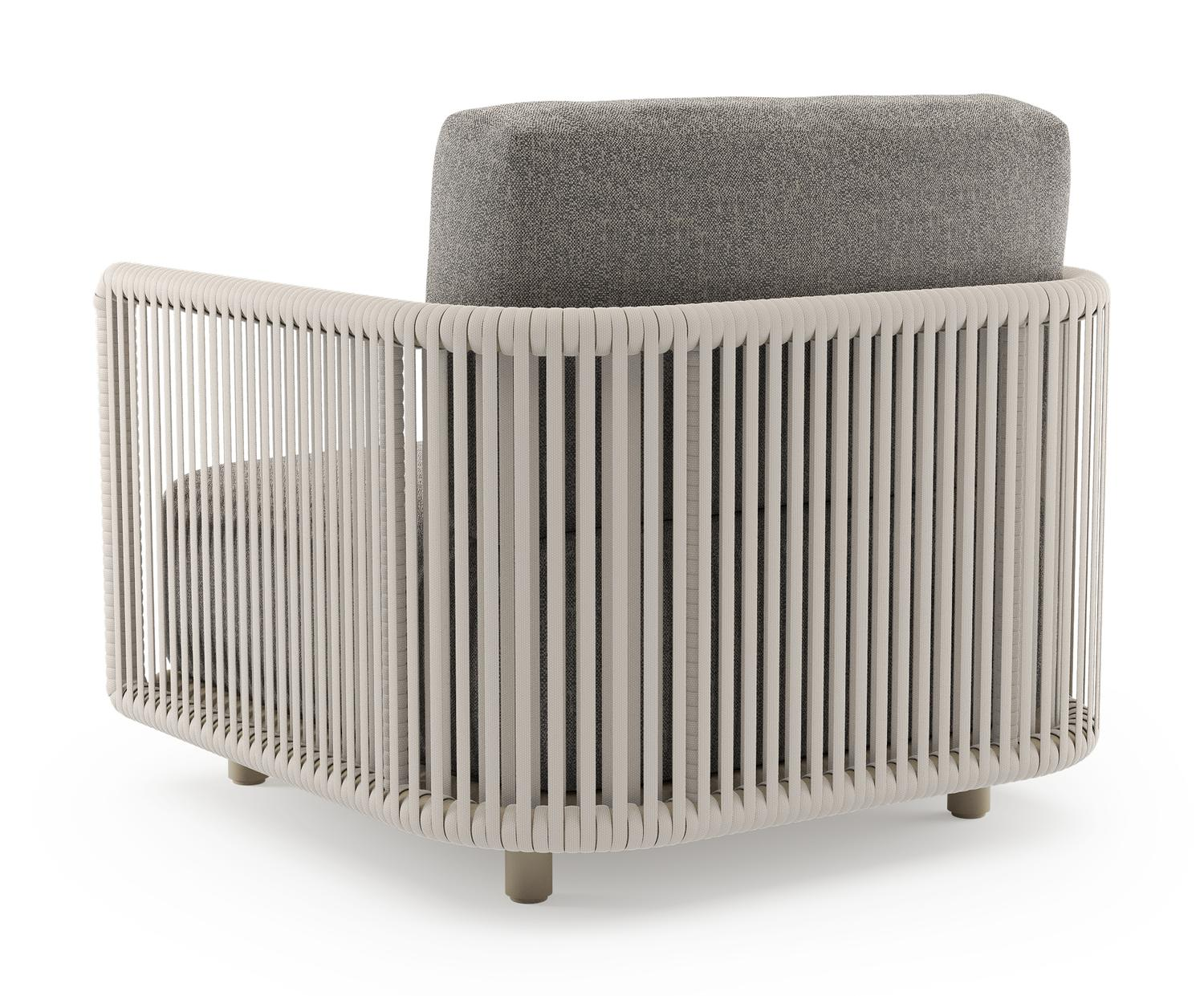 Organo loungestoel in beige aluminium en beige verticaal geweven luxe vlakke rope met chartres drizzle all weather Sunbrella® luxe kussen