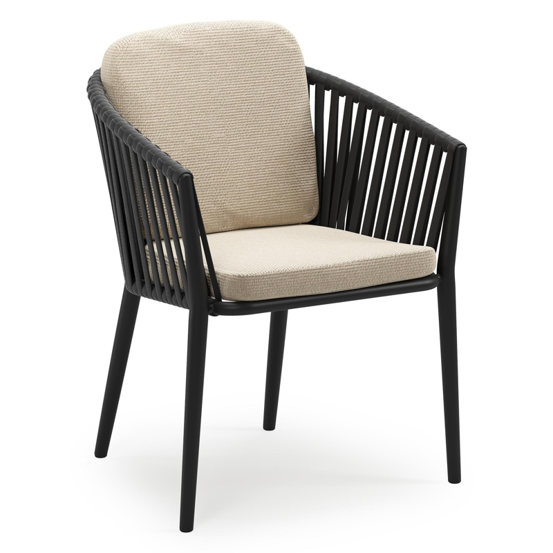 Orso stapelbare tuinstoel in zwart aluminium en zwart verticaal geweven luxe vlakke brede rope met stoelkussen in All Weather Cosytica Althea Chalk