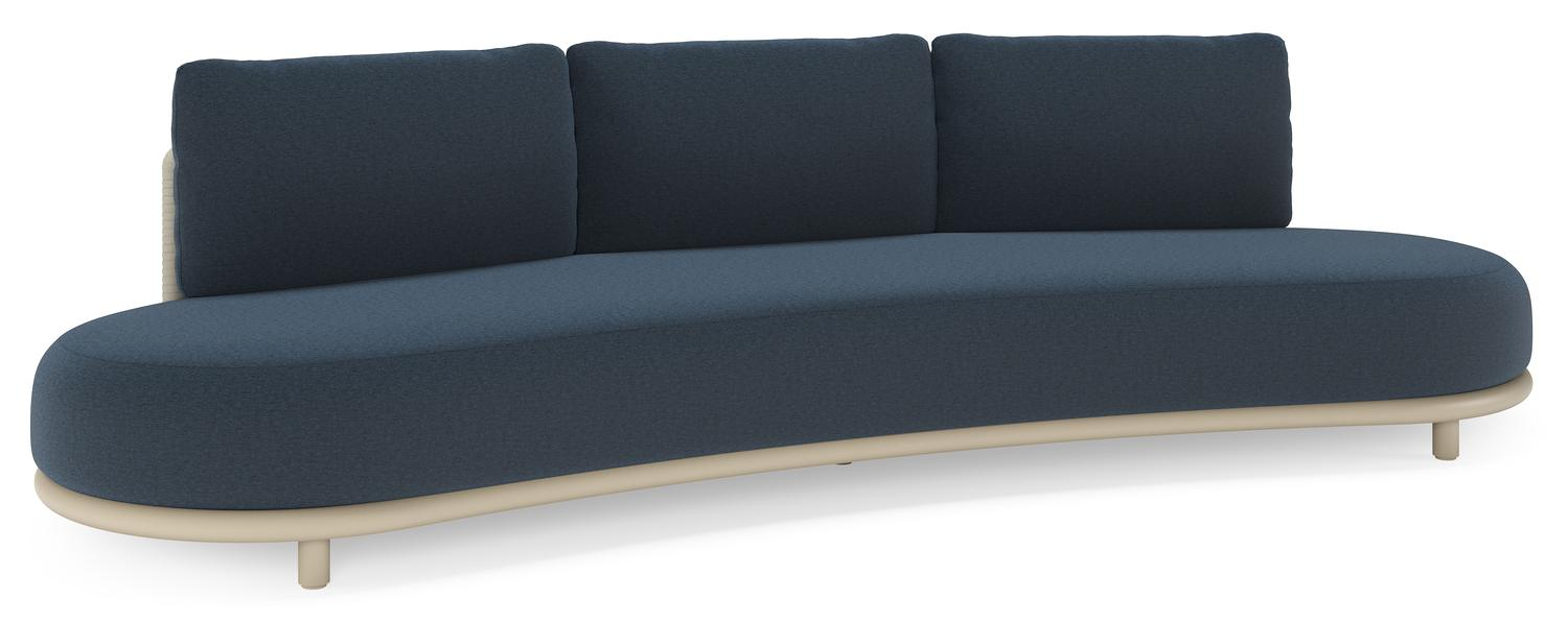 Lomano loungebank in beige aluminium en beige verticaal geweven luxe vlakke rope met Heritage Indigo all weather sunbrellaÂ® luxe